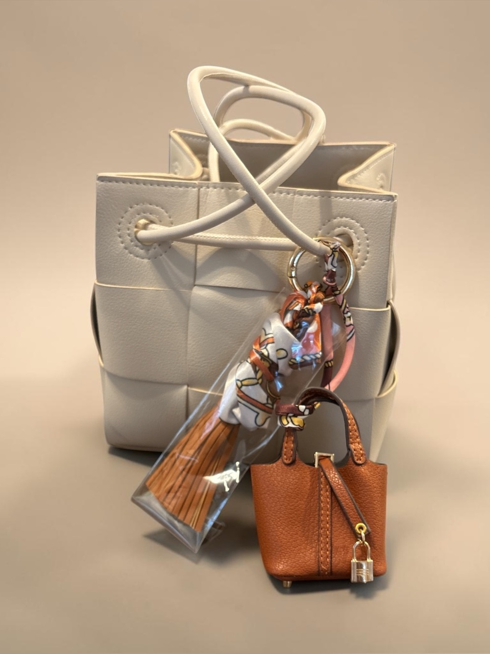 Mini Handbag Keychain Charm with Twilly Scarf & Tassel – Brown - Picture 2 of 4